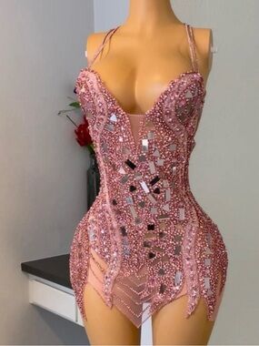 MerakiBySherry Embellished Pink Mirror Detail Mini Custom Dress